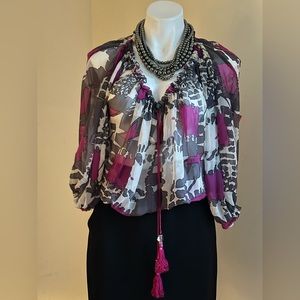 Analili Pink Gray White Geometric Pattern Sheer Blouse W Tassels adjustable SZ S